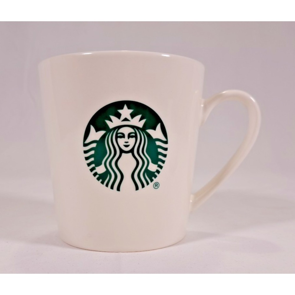 Starbucks White Ceramic Coffee Mug Green Siren Logo 12oz‎ Tapered Cup